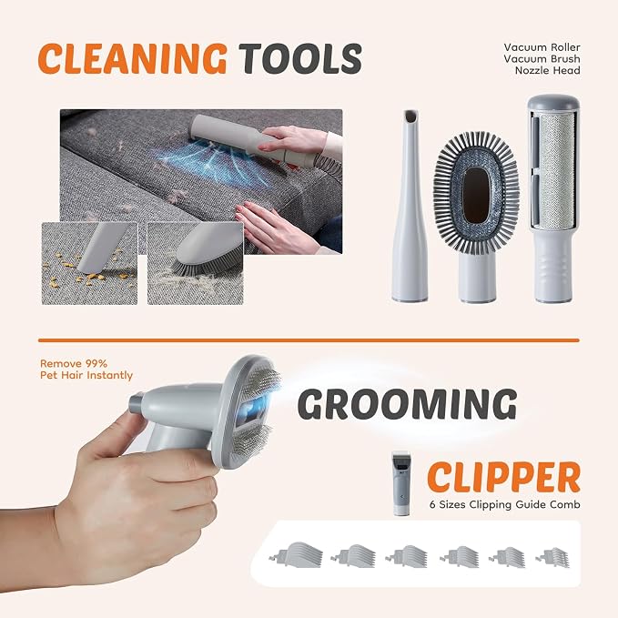 DUMOS Pet Grooming Vacuum Kit, 3 Adjustable Suction Modes Dog Hair Clipper, 5 Professional Grooming Tools with Low Noise Cat Hair Clippers, 2.5L, Gray