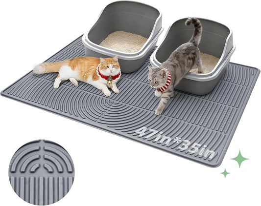 Pawtasy Cat Litter Box Mat,47" x 35" Extra Large Silicone Waterproof Litter Trapping Mat for Scatter Control Soft on Kitty Paws Non-Slip Easy to Clean