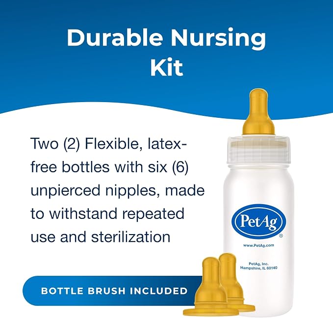 Pet-Ag Nursing Kit - 4 oz, Pack of 2 - Promotes the Natural Feeding of Liquids to Baby Animals - Each Kit Includes 4 oz. Bottle with Cap, 3 Nipples & Cleaning Brush