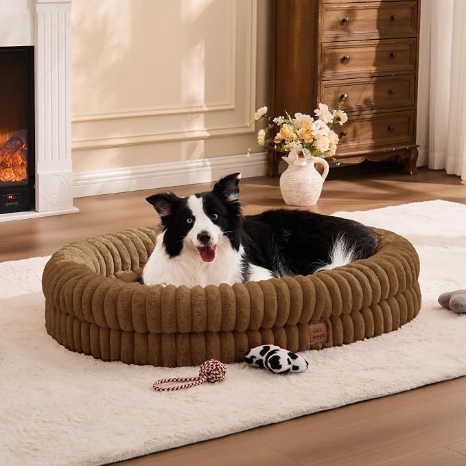 ChiXnuggle Orthopedic Dog Bed for XL Dogs, Waterproof Faux Rabbit Fur Dog Couch with Egg Crate Foam Support and Washable Removable Cover, Bolster Pet Sofa with Non-Slip Bottom, 41x30x7, Brown