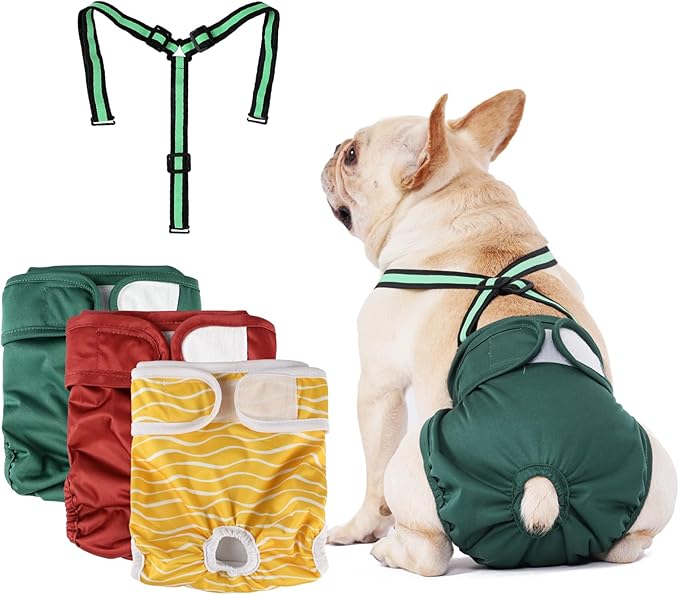 Female Dog Diaper with Suspender Detachable，3 Pack Reusable Washable Durable Girl Doggie Diapers Pants for Small Medium Large Dog in Heat Cycle and Incontinence Period,DDFS01M
