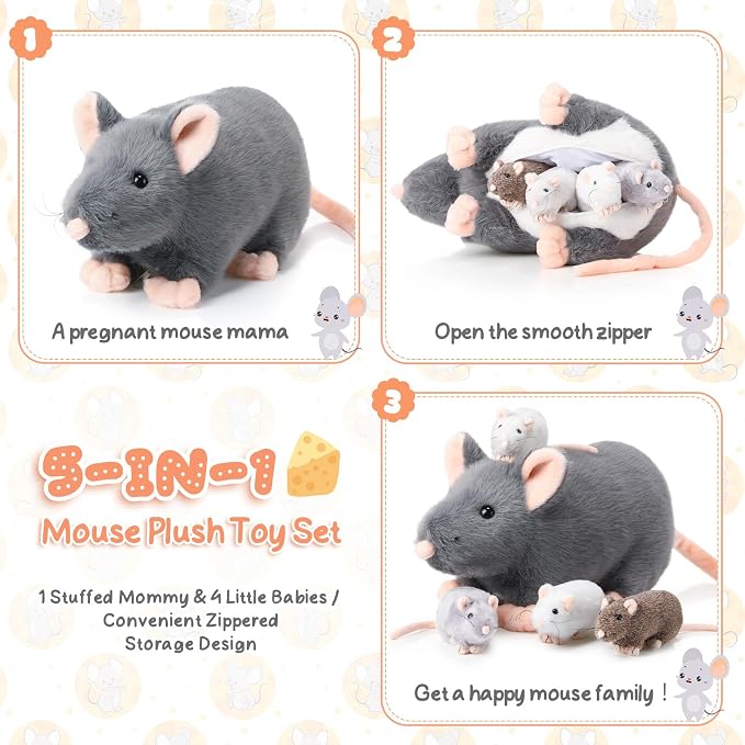 Arrowbash 5 Pcs Mouse Stuffed Animals Set - 14'' Large Mommy Rat Plush with 4 Small Mouse Babies in Zippered Tummy Stuffed Rat Plush Toys for Kids Girls Boys Valentine Birthday Gift(Cute Style)