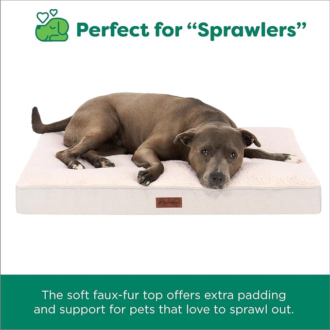 Furhaven Orthopedic Dog Bed – Classic Cushion with Plush Tufted Top, Supportive Foam Mattress, Removable Washable Cover, Joint Relief - Wheat, Medium