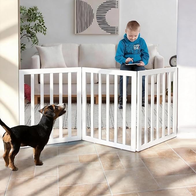 Dog Gate Indoor, Freestanding Dog Fence for The House, Doorways, Hallways,or Stairs,Pet Gate Foldable Wooden,Expandable 24" Height 3 Panels,White