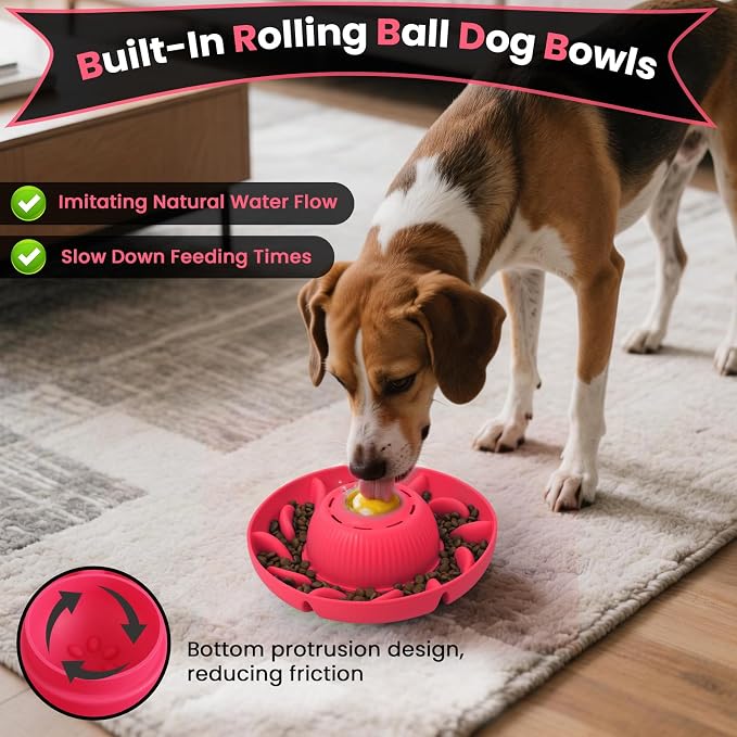 PUPPYGANG 2-in-1 Slow Feeder Dog Bowl for Large Dogs — Silicone Dry Food Maze & Wet Food Lick Ball with Suction Cup, Interactive Puzzle Feeder, Non-Slip & Detachable, Easy to Clean (Red)