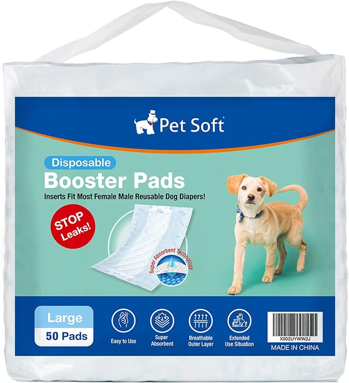 Pet Soft Dog Diaper Liners - Disposable Dog Diaper Booster Pads for Male & Female Dogs fit Most Dog Wraps and Belly Bands Up-Graded (Blue, L-50ct)