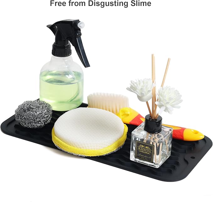 ZLR 2 Pcs Silicone Sink Caddy Tray (6" x 12" / 153 x 305mm) - Narrow Sponge Holder for Kitchen Counter - Waterproof Dish Drying Mat, Non-Slip Soap Dispenser Mat & Bathroom Vanity Organizer (Black)