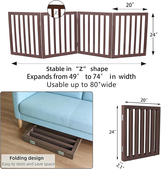 Dog Gate Indoor, Freestanding Dog Fence for The House, Doorways, Hallways,or Stairs,Pet Gate Foldable Wooden,Expandable 24" Height 4 Panels,Brown