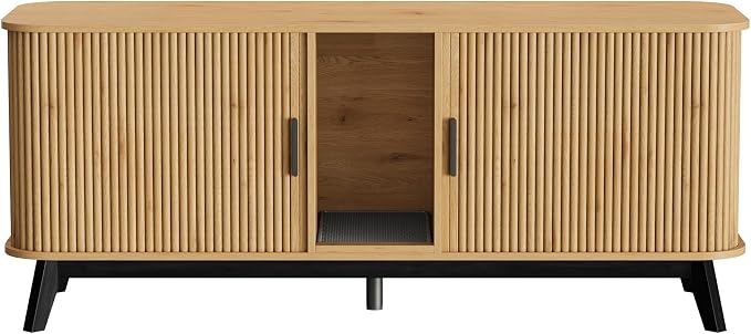 Garvee Cat Litter Box Enclosure for 2 Cats, 59" Hidden Litter Boxes Furniture with Sliding Door and Cat Litter Mat, Large Indoor Pet House, Wooden TV Stand Side Table, Natural Wood Color