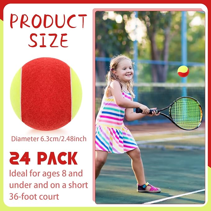 Hanaive 24 Pack Tennis Balls for Kids 75% Low Compression Stage Kids Tennis Ball Bulk for Beginners Ball Machine Training Transition Practicing PET Dog Playing Practice on Short 36 Foot Court