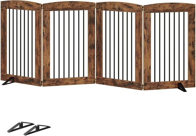 HOOBRO Indoor Dog Gate with Support Feet, 31.5 Inch 4 Panels, Freestanding Pet Gate for Doorway, Stairs, Folding Dog Fence, 360° Hinge for Easy Access, Sturdy Iron Pipe, Rustic Brown BF64PP03