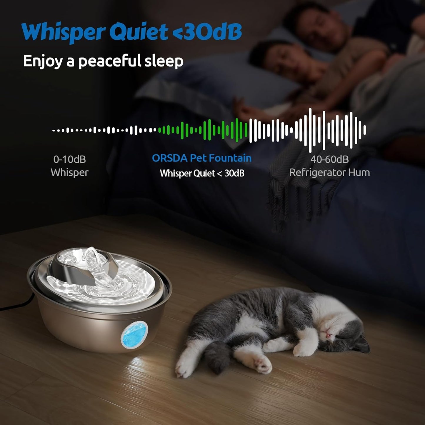 ORSDA Cat Water Fountain Stainless Steel, Cat Fountains for Drinking, 67oz/2L Automatic Pet Fountain Water Dispenser with Water Level Window for Cats and Small Dogs- 4Pcs Filters (D36-F)