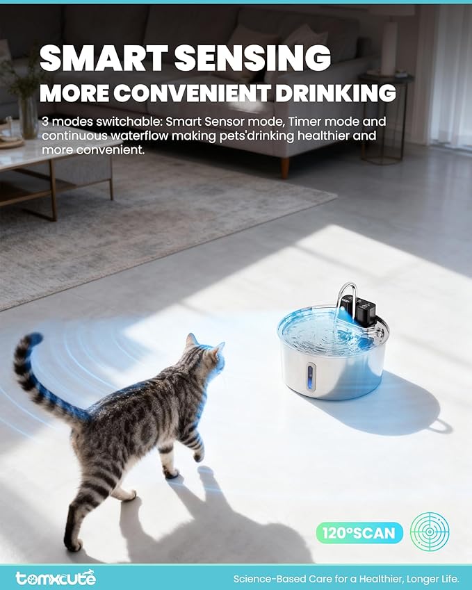 Tomxcute Wireless Cat Fountain-108oz Cordless Automatic Battery Operated | Quiet Pump Stainless Steel Pet Fountain with 3 Smart Water Supply Modes Rechargeable Water Dispenser for Cats, Dogs, Pets