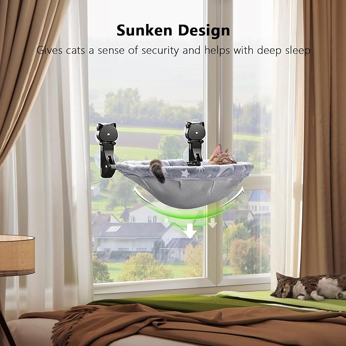 JUNSPOW Cat Window Perch Cordless, Glow in The Dark & Stable Cat Beds- Breathable Window Hammock for Overlooking, Sunbathing and Climbing - Maximum Hold Up to 40lb(Grey)