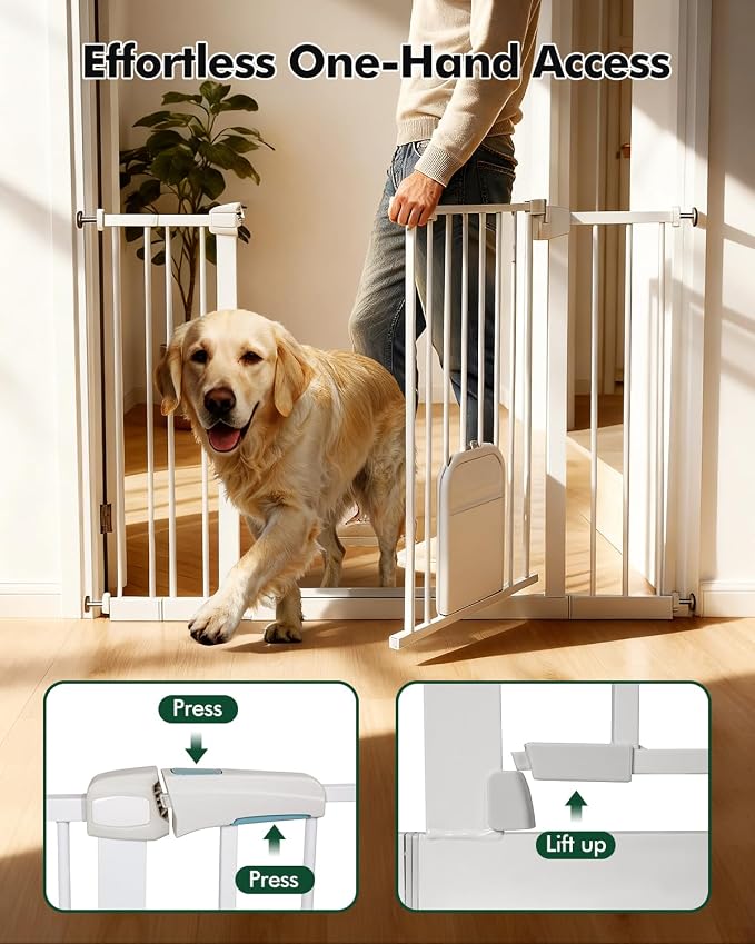 Pet Gate with Adjustable Cat Door, 31–46 Inch Pressure Mounted Dog Gate for Doorways, Stairs and Hallways, Auto Close Walk Through Metal Safety Gate, Easy Install, White