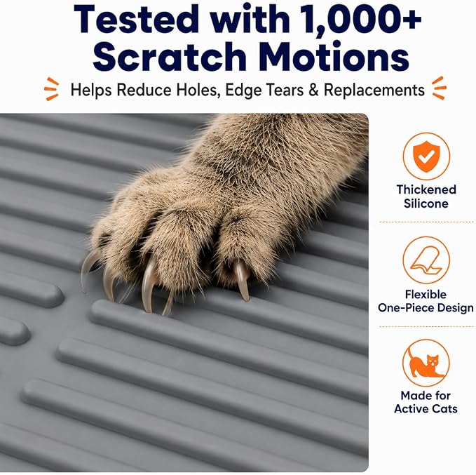 Durable Cat Litter Mat: Fewer Holes Edge Tears & Replacements | Large Thickened Silicone Mat Tested with 1,000+ Scratch Motions