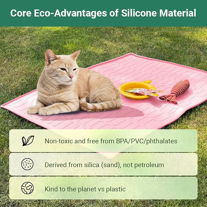 Cat Litter Mat, Large 32'' x 24'' Silicone Litter Box Mat for Litter Trapping, Waterproof, Non-Slip, Easy to Clean, Pink