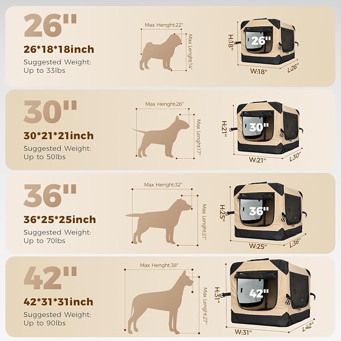 42 Inch Soft Collapsible Crate for Extra Large Dogs, 4-Door Portable Foldable Soft Kennel with Chew Proof Mesh Windows for Indoor & Outdoor Travel Beige