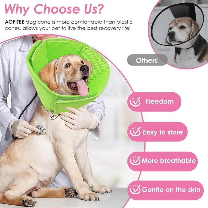 AOFITEE Soft Dog Cone, Adjustable Cones for Dogs After Surgery, Comfy Dog Cone Collar Alternative to Stop Licking, Elizabethan Recovery Collar for Large Dogs(Green,Large)