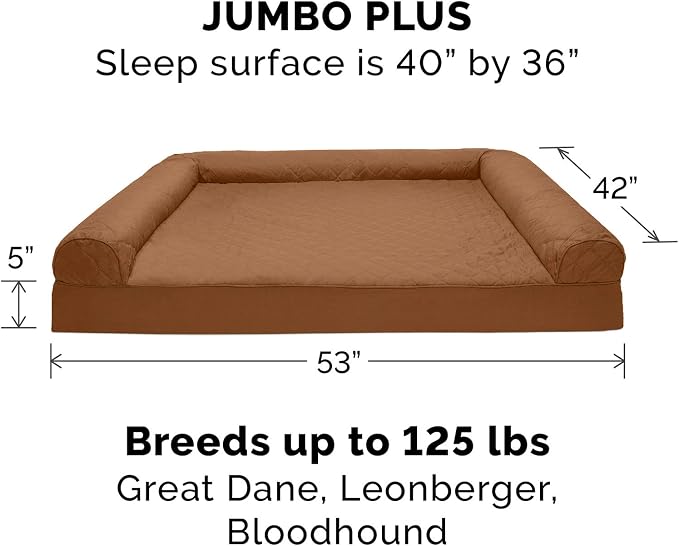 Furhaven Memory Foam Dog Bed for Large Dogs w/ Removable Bolsters & Washable Cover, For Dogs Up to 125 lbs - Quilted Sofa - Toasted Brown, Jumbo Plus/XXL
