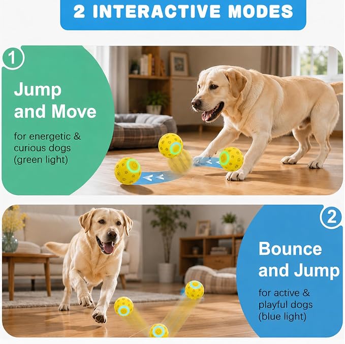 Interactive Dog Toy Ball, Durable Motion Activated Automatic Moving Ball for Small/Medium/Large Dogs, Rechargeable Dog Ball with LED Lights, 2 Play Modes to Keep Your Dog Busy (Yellow)
