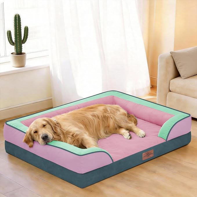 Comfort Expression Orthopedic Dog Bed for Extra Large Dogs 45x35 Inch, Waterproof Egg Crate Foam XL Pet Bed with Bolsters, Dog Couch with Washable Cover & Non-Slip Bottom, Mint-Berry Dream