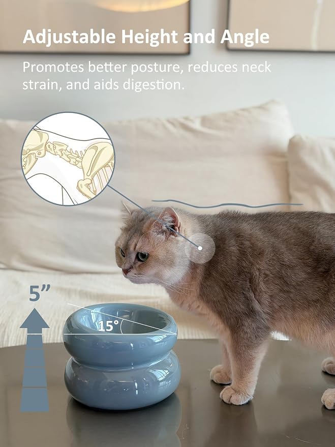 Elevated Cat Water Bowls Raised Small Ceramic Dog Bowl,Non-Slip Tilted Cat Food Bowl Whisker Friendly-Blue