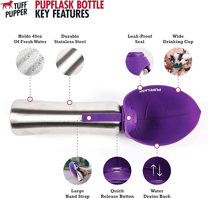 Tuff Pupper Retractable Dog Leash and 40oz Pupflask Portable Water Bottle - Violet
