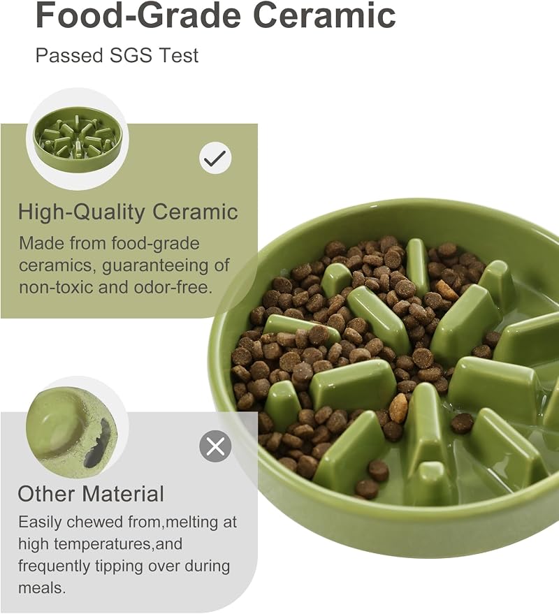 Ceramic Slow Feeder Dog Bowl, Maze Puzzle Non-Slip Silicone Base Stoneware Bowl for Small Medium Dogs, Heavy Duty Anti-Bloat Dog Food Bowl Dishwasher Safe – Green, Small