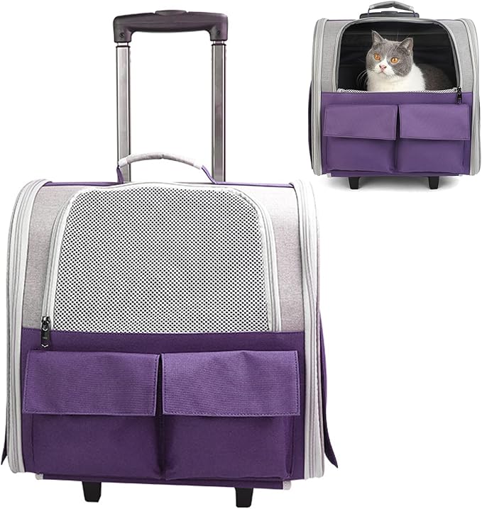 Cats Rolling Carrier with Wheels, Foldable Dog Travel Carrier Backpack Luggage Bag,Cats,Puppies Travel Bag Trolley with Mesh Ventilation Windows, Storage Pockets