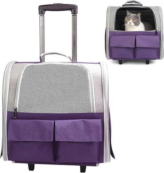 Cats Rolling Carrier with Wheels, Foldable Dog Travel Carrier Backpack Luggage Bag,Cats,Puppies Travel Bag Trolley with Mesh Ventilation Windows, Storage Pockets