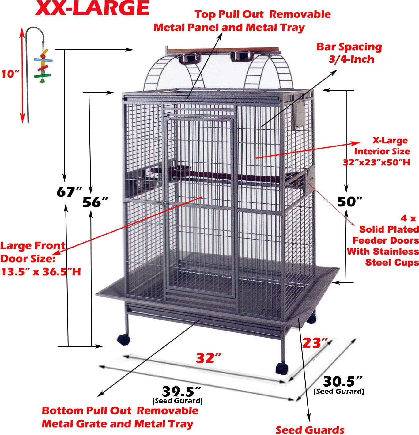XX-Large 32" x 23" x 66"H Double Walk Ladders Open Play Top Wrought Iron Bird Parrot Parttot Finch Macaw Cockatoo Cage, Include Seed Guard and Toy Hook