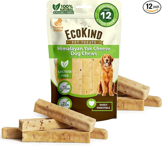 EcoKind Yak Cheese Himalayan Dog Chews, Yak Chews for Large Dogs, Long Lasting Bone for Aggressive Chewers, 4 Ingredients, Natural High Protein Treats, No Additives, Peanut Butter, Large - 12+ Chews