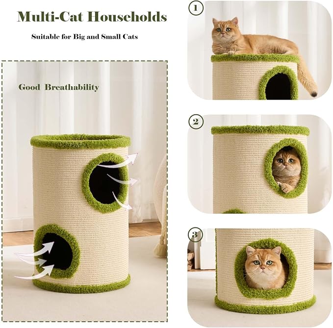 Cat House for Indoor Cats，Scratchable Sisal Material Cat Cave with 2 Hideaways & 3 Soft Pads-Sturdy &Space-Saving Cat Condo Furniture for Multiple Cats & Small Pets, Easy Assembly