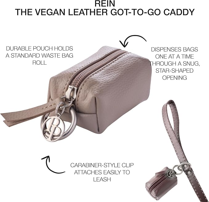 Rein - The Recycled Vegan Leather Pouch Durable Heavy Duty Bag Holder, Leash Attachment Made With Sustainable Materials, Custom Hardware for Small, Medium & Large Dogs, Dappled Cashmere