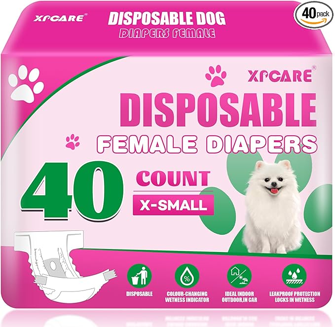 XPCARE 40 Count Disposable Female Dog Diapers, Super Absorbent, Leak Proof, Dog Diapers,Dog Period Diaper Female, for Incontinence, Estrus Female Dogs (X-Small)