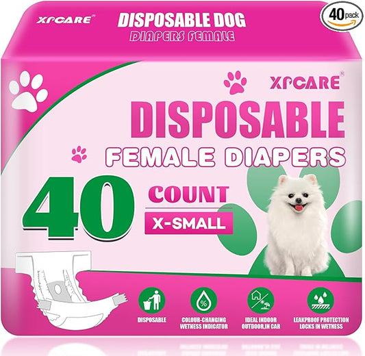 XPCARE 40 Count Disposable Female Dog Diapers, Super Absorbent, Leak Proof, Dog Diapers,Dog Period Diaper Female, for Incontinence, Estrus Female Dogs (X-Small)