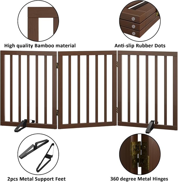 Wooden Dog Gate Freestanding Foldable 3 Panel Pet Gates Extra Wide Dog Gates for Indoor Doorways Stairs 24in Height Support Feet Included