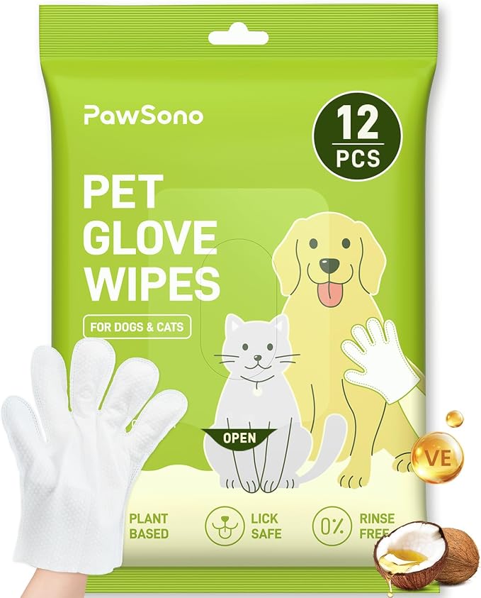 12PCS Hypoallergenic Pet Glove Wipes for Dogs, Cats & Small Animals | No-Rinse Deodorizing Dog Wipes for Paws, Butt, Eyes & Ears | Pet Wipes for Stain & Odor Cleanup Between Baths & Travel