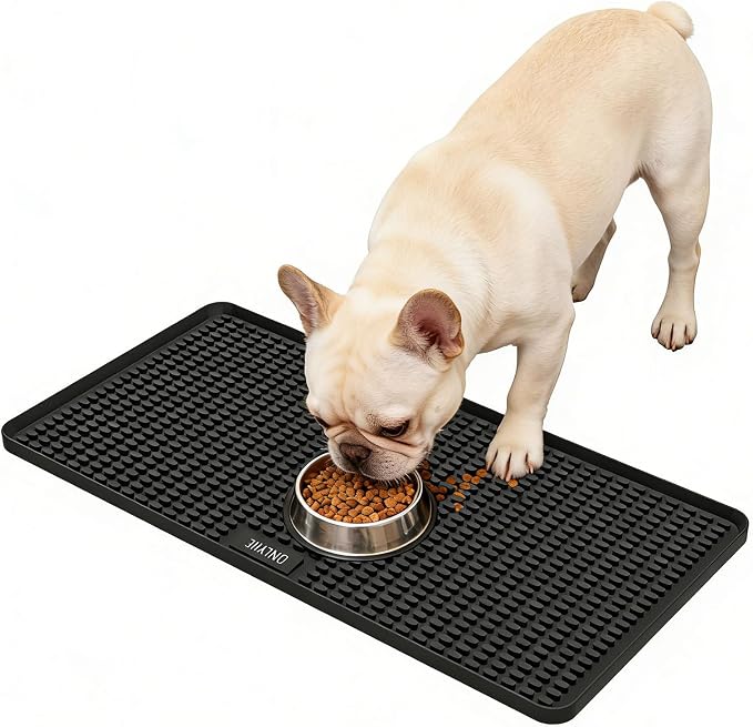 Dog Food Mat, 26"x13" Silicone Dog Feeding Mat Waterproof Pet Feeding Mat with High Lips & Raised Texture Keeps Paws Dry, Non-Slip Easy to Clean, Prevent Spill Protect Floors, Black