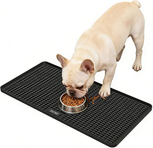 Dog Food Mat, 26"x13" Silicone Dog Feeding Mat Waterproof Pet Feeding Mat with High Lips & Raised Texture Keeps Paws Dry, Non-Slip Easy to Clean, Prevent Spill Protect Floors, Black