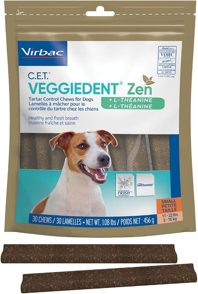 Virbac C.E.T.® VEGGIEDENT® Zen Tartar Control Chews for Dogs - Multifunctional to Support Mental Well-Being, VOHC Approved - Small 11-22lbs