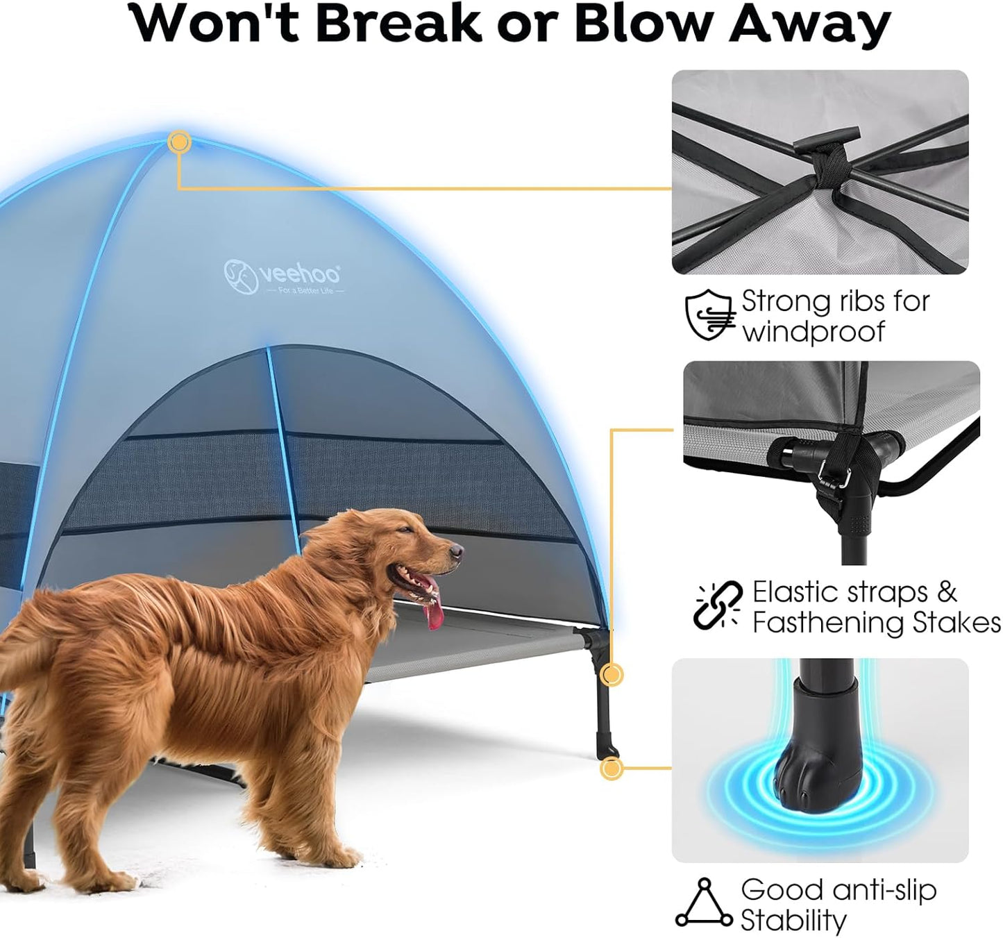 Veehoo Outdoor Dog Bed with Canopy, Cooling Elevated Pet Cot with Removable Shade, Non-Slip Feet, Raised Dog Cot for Large Dogs, Pet Tent Bed for Camping, Beach, XLarge, Grey, CWC2411