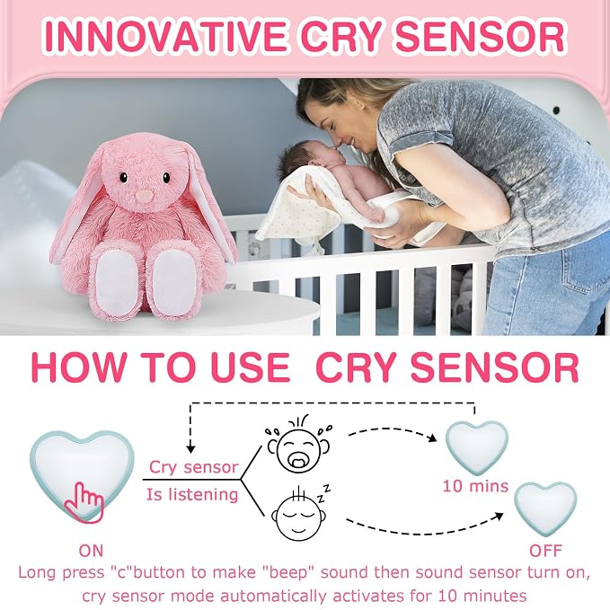 Baby Soother Cry Activated Sensor Toys,Heartbeat Bunny for Babies,Plush Stuffed Animal for Newborn Infants,Baby Toy Vibrating with Mom’s Heartbeat,Baby Shower Gifts for Girls and Boys
