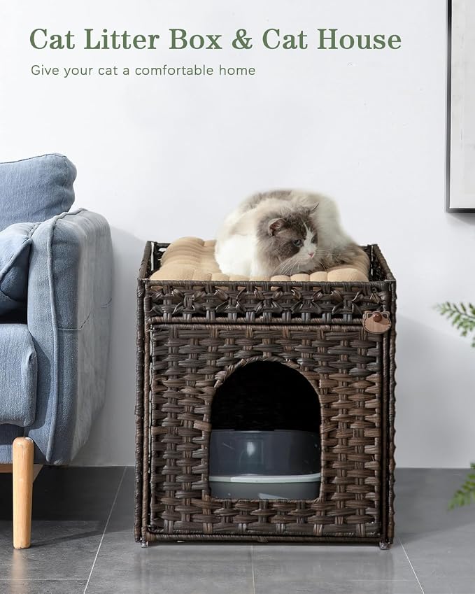 SETVSON Cat Litter Box Enclosure Furniture, Hidden Litter Box with Mat and Fence, Handwoven Rattan Cat House with Two S-Shaped Hooks for Living Room, Bedroom, 18.5 x 20.5 x 19.1 Inches (Brown)