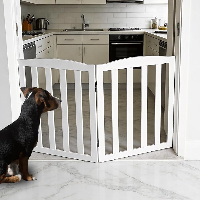 Freestanding Dog Gate Indoor,Doggie Gate Foldable Pet Gates for Doorways,Stairs or Hallways, Wooden White Pet Gate for the House, Pet Fence,24 "Height-2 Panels
