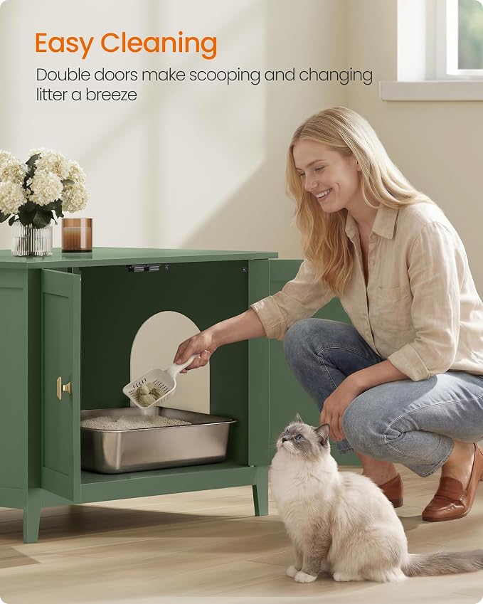 Feandrea Cat Litter Box Enclosure, Modern Hidden Cat Litter Box Furniture, Double Doors, Handles, Indoor Pet House Washroom, Living Room Side End Table, Forest Green UPCL015CH01