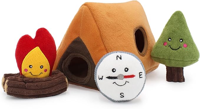 ZippyPaws Burrow Wilderness Camping Tent - Interactive Hide & Seek Dog Puzzles, Colorful Squeaky Toys for Small & Medium Dogs