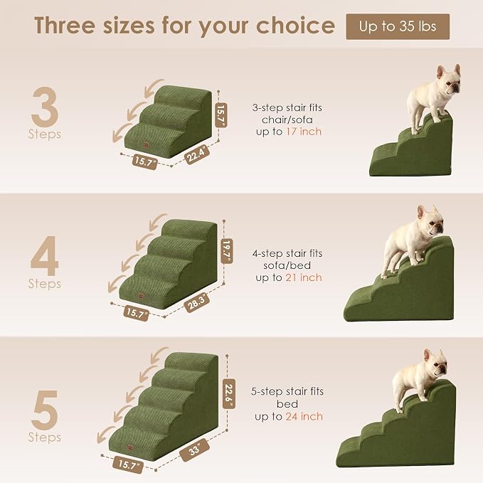 EHEYCIGA Curved Dog Stairs Ramp for High Beds 22.6" H, 5-Step Dog Steps for Small Dogs and Cats, Pet Stairs for High Bed Climbing, Non-Slip Balanced Pet Step Indoor, Olive Green