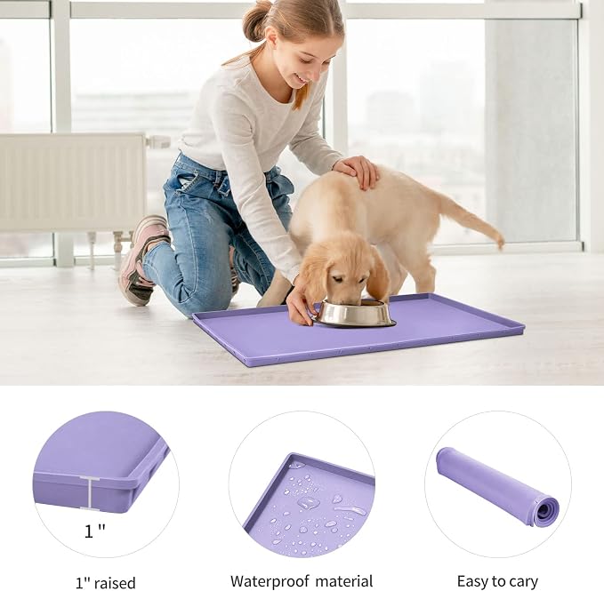 Dog Food Mat,Silicone Waterproof Food Tray,Non Slip Pet Bowl Mats Placemat,1" Raised Edge,Suitable for Most Small and Medium Sized Pets,32" x 24"